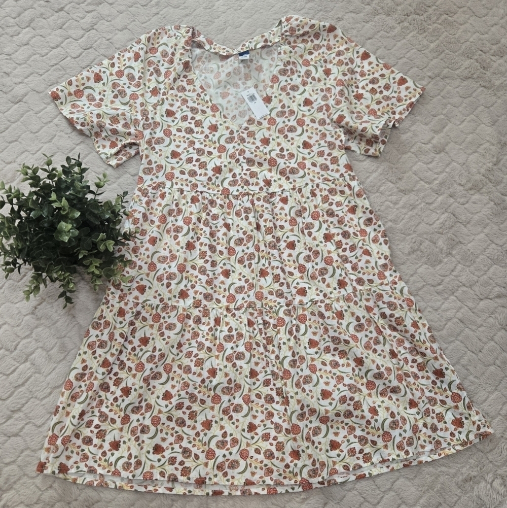 Old Navy Cream and Orange Flowers Short-Sleeve Tiered Dress, Size X-Small NWT